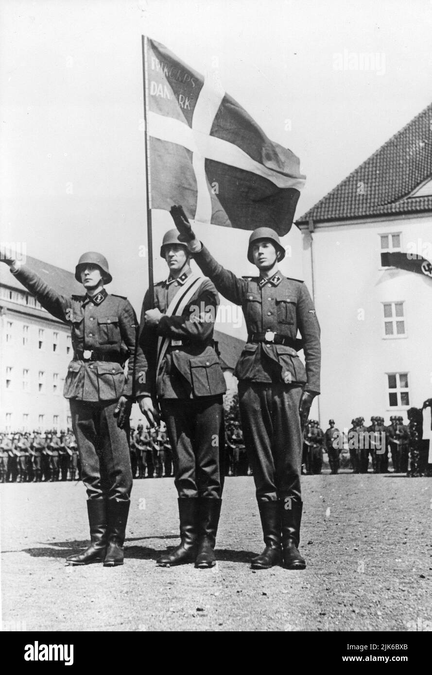 Die Nazi-deutschen Elitetruppen die Waffen-SS hatte viele Abteilungen ausländischer Freiwilliger, die an den nationalsozialismus glaubten. Hier sind Mitglieder des Freien Korps Dänemark, die einen Eid ablegen, Juli 1941 Stockfoto