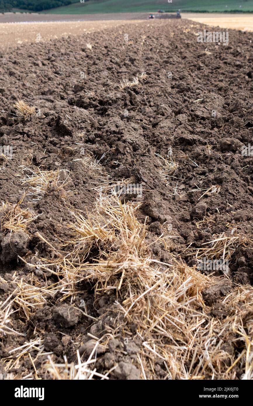 Frisch gepflügte Erde, mit eingepftem Stroh, um die Bodenstruktur und Fruchtbarkeit zu verbessern. North Yorkshire, Großbritannien. Stockfoto