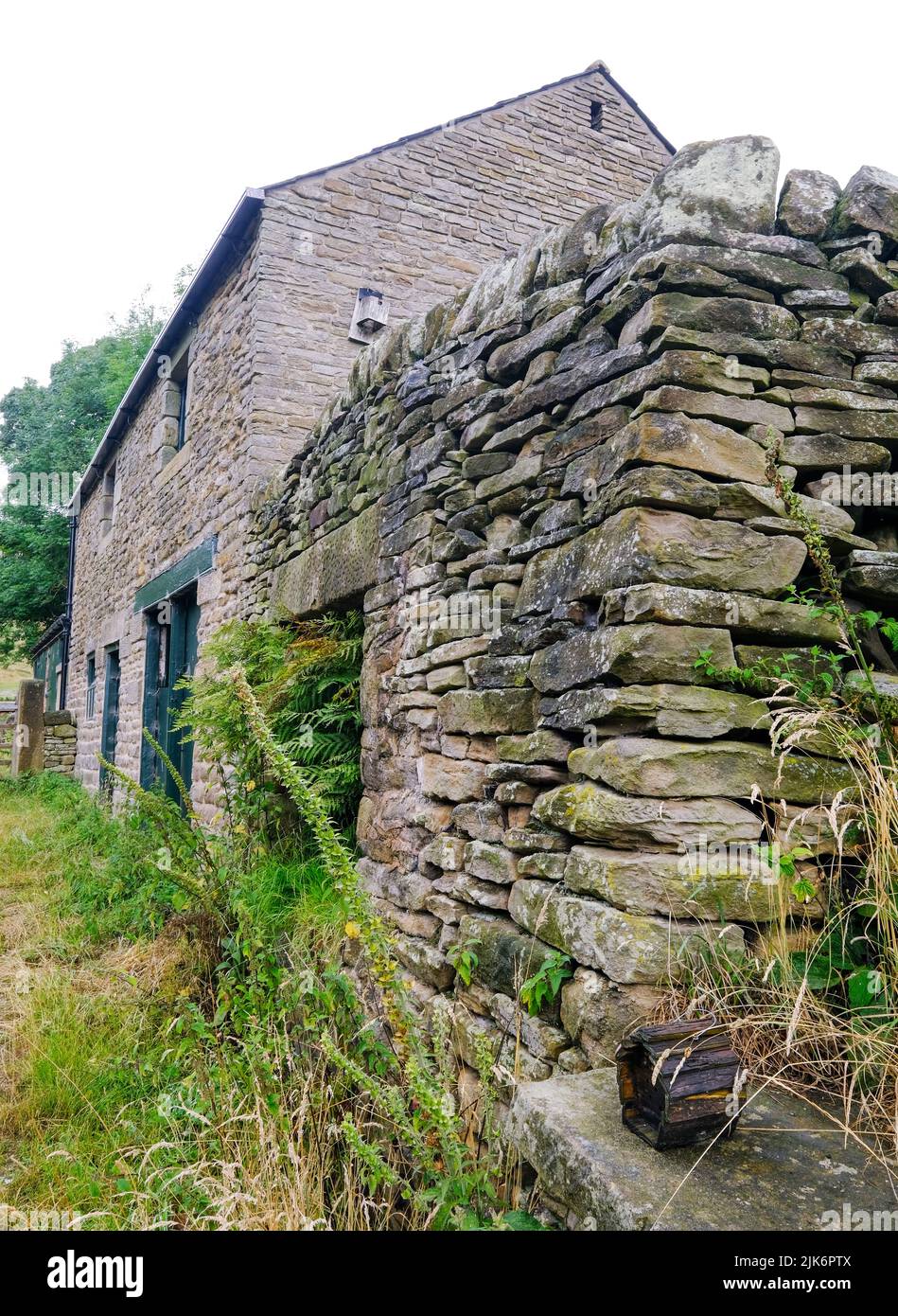 Ein Bauernhaus aus Stein und Walling auf der Annäherung an Kinder Scout im Derbyshire Peak District Stockfoto