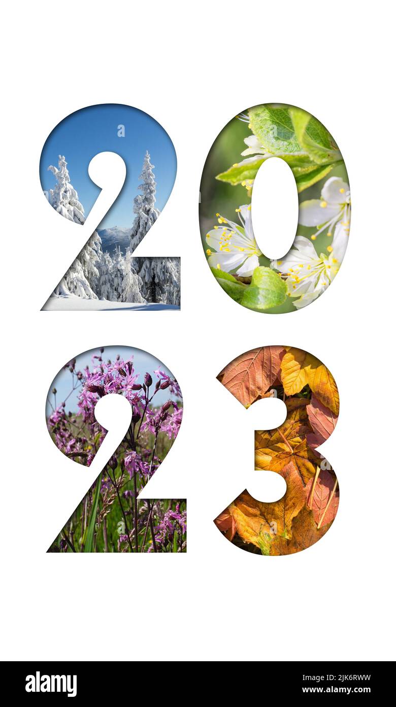 Nummer 2023 aus vier Jahreszeiten Fotos für Kalender, Flyer, Poster, Postkarte, Banner. Vertikales Bild. Stockfoto