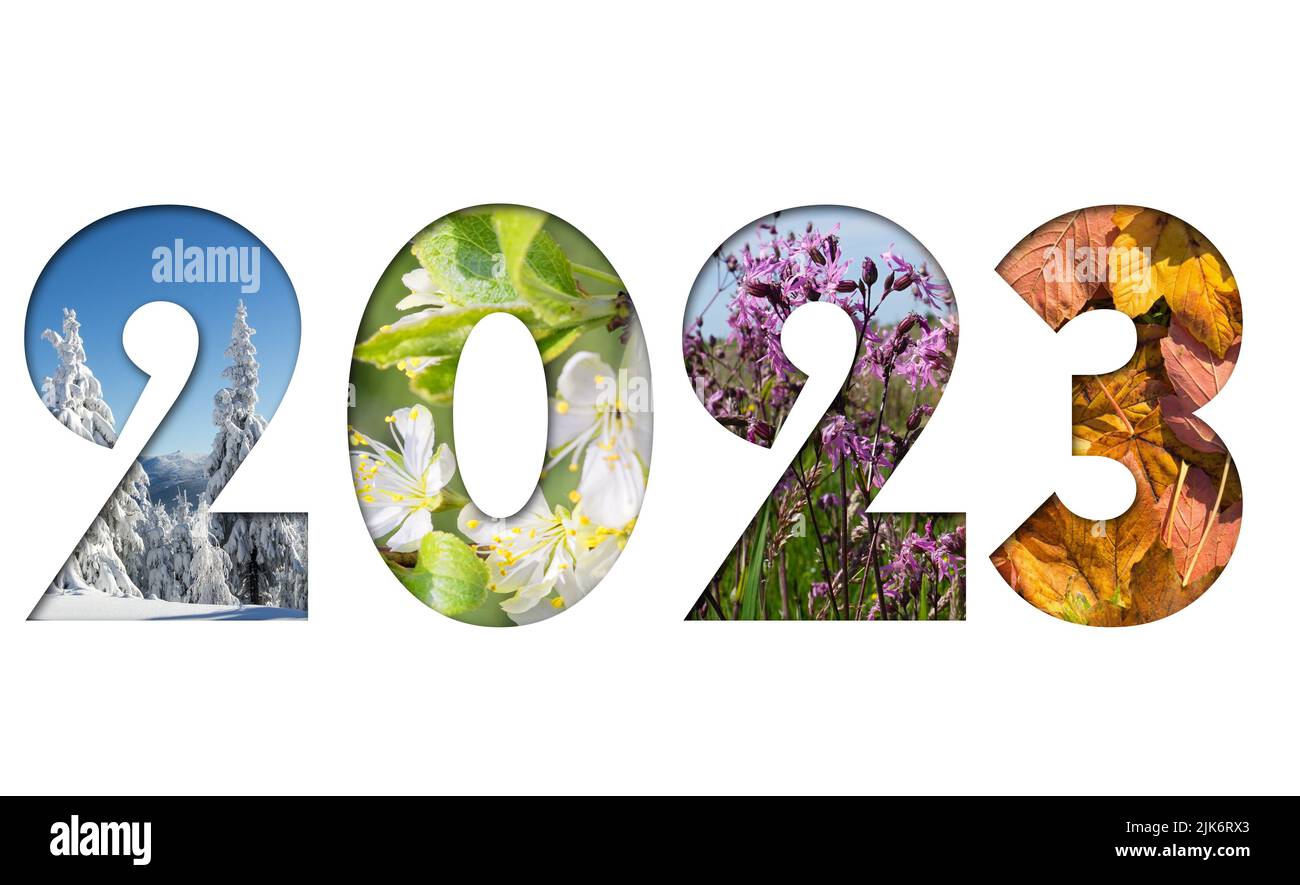 Nummer 2023 aus vier Jahreszeiten Fotos für Kalender, Flyer, Poster, Postkarte, Banner Stockfoto