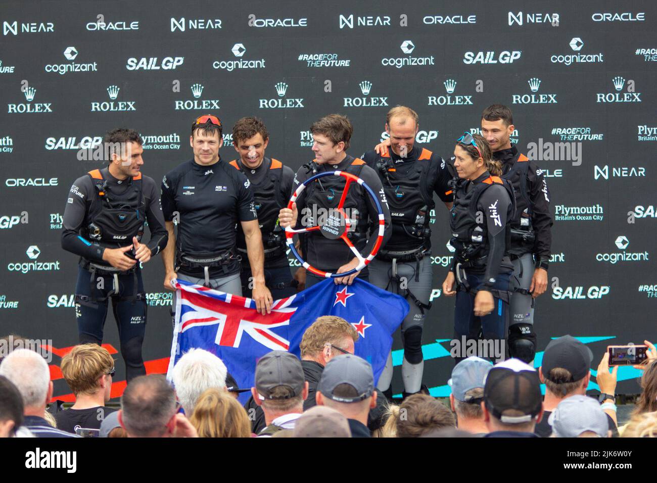 SailGP, Plymouth, Großbritannien. 31.. Juli 2022. Neuseeland wird am Finaltag des Großen Britischen Sail Grand Prix zum Gesamtsieger gekürt. In der britischen Ocean City findet das dritte Event der Saison 3 statt, das als das wettbewerbsfähigste Rennen auf dem Wasser zu sehen ist. Die Veranstaltung kehrt am 30-31. Juli nach Plymouth zurück. Kredit: Julian Kemp/Alamy Live Nachrichten Stockfoto