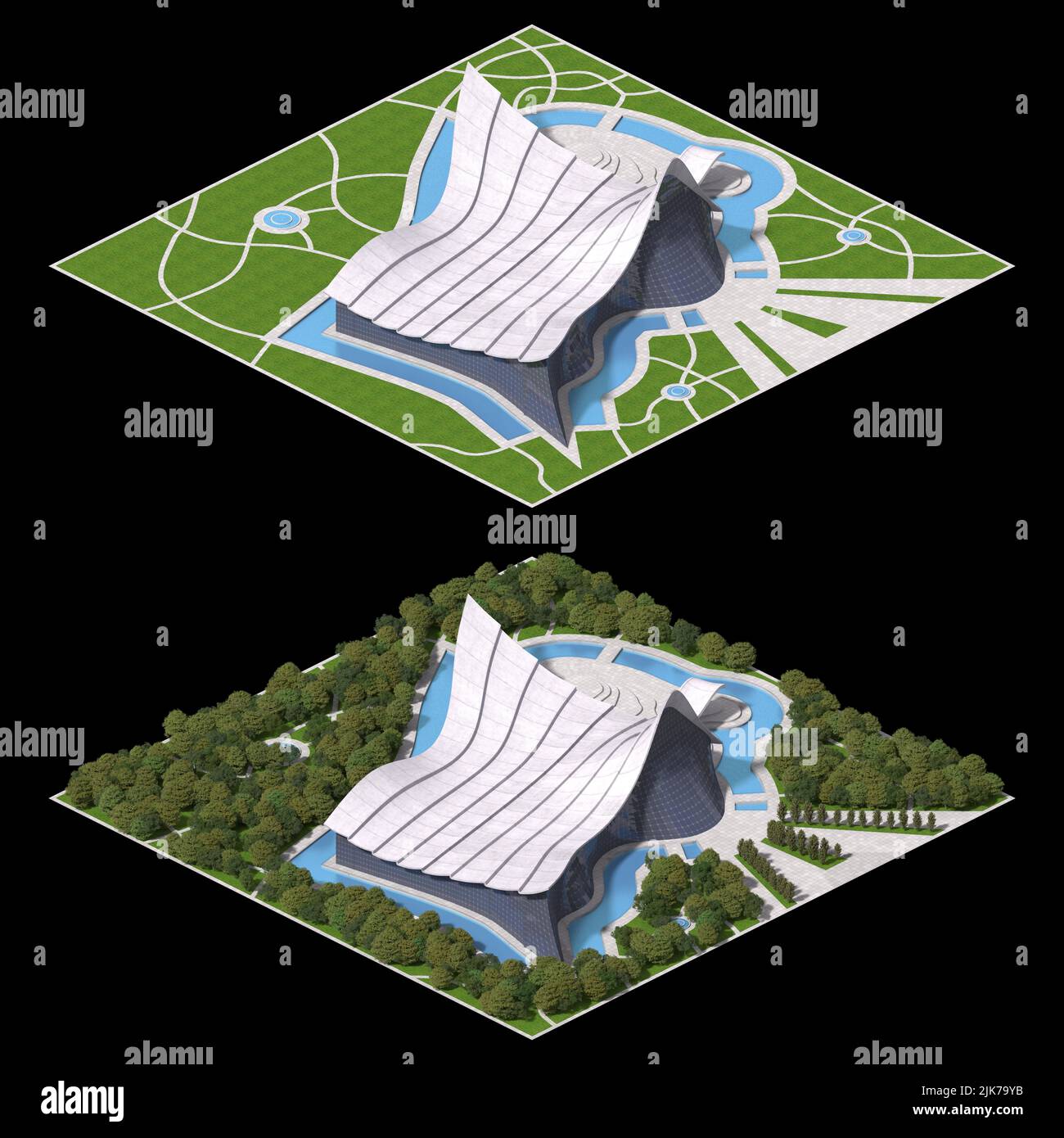 Futuristische Architektur für ein gefliestes Spiel in dimetrischer Projektion mit einer 30-Grad-orthographischen Kamera, mit und ohne Landschaft. Die Clippin Stockfoto