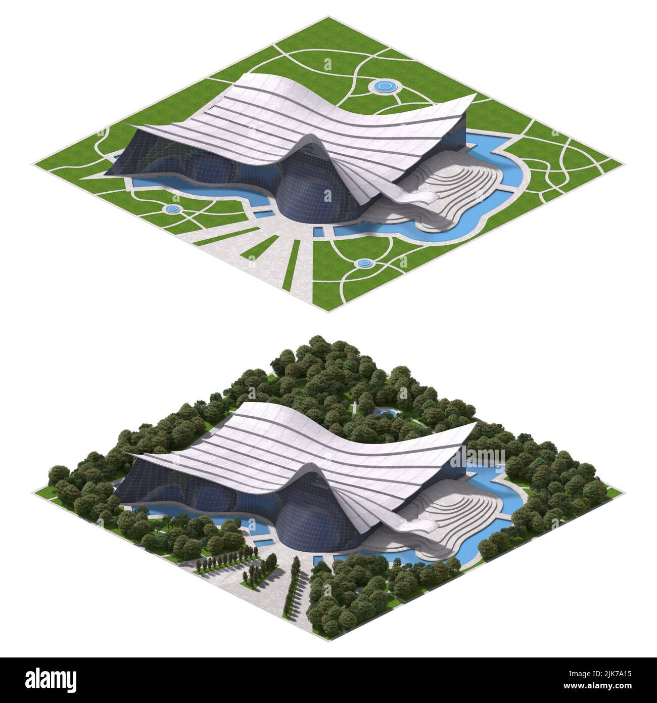 Futuristische Architektur für ein gefliestes Spiel in dimetrischer Projektion mit einer 30-Grad-orthographischen Kamera, mit und ohne Landschaft. Die Clippin Stockfoto