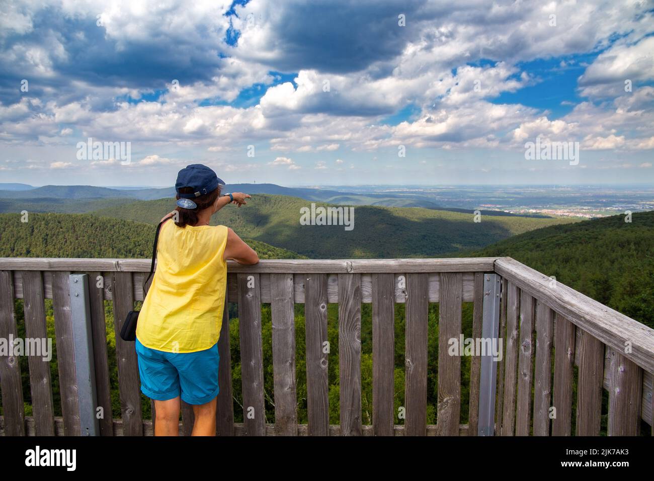 Wandern im Pfälzerwald: Frau Blick vom Eckkopfturm bei Deidesheim in Richtung Rheinebene Stockfoto