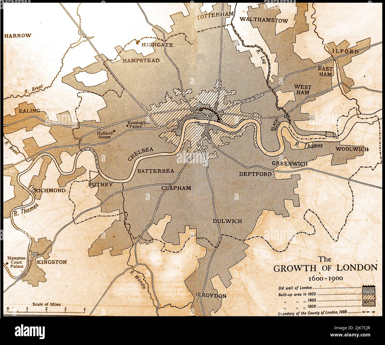 Eine alte Karte, die das Wachstum der Stadt London 1600-1900 zeigt Stockfoto