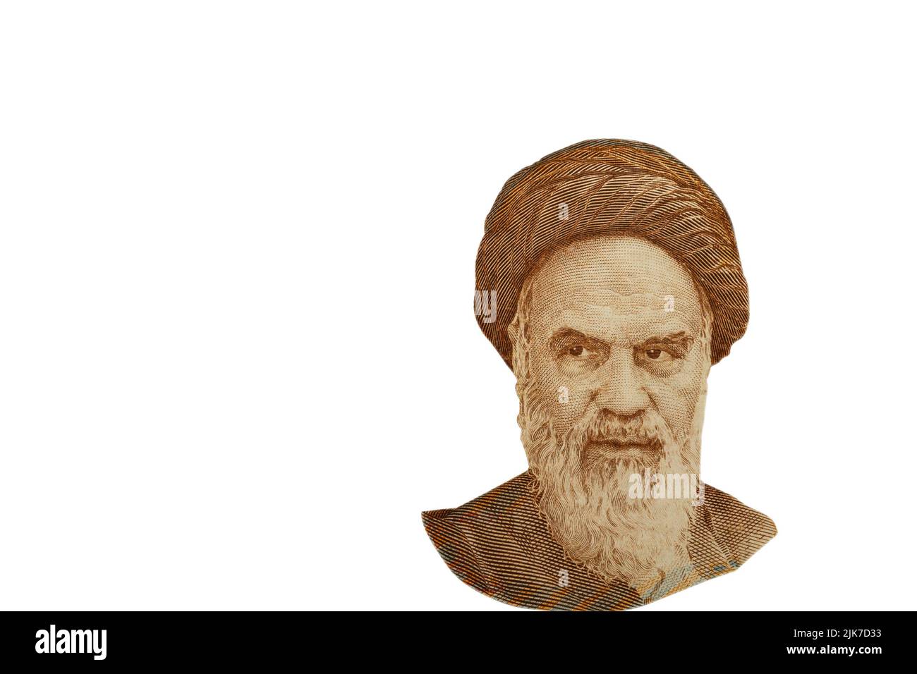 Ayatollah Ruhollah Khomeini auf weißem Hintergrund. Porträt aus einer iranischen fünftausend-Rial-Banknote. Stockfoto