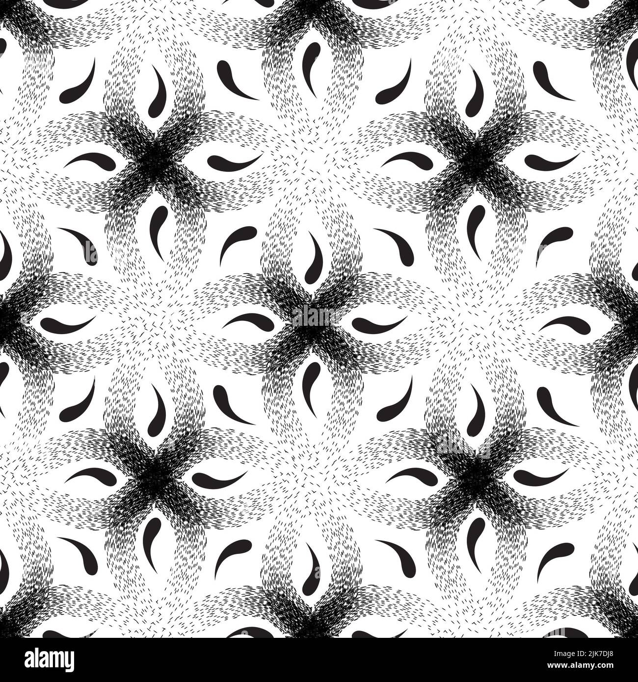 Geometrisches Nahtmuster mit gepunkteten Schlaufenlinien. Stilvoller ornamentaler monochromer Hintergrund mit Blütenblättern Stockfoto