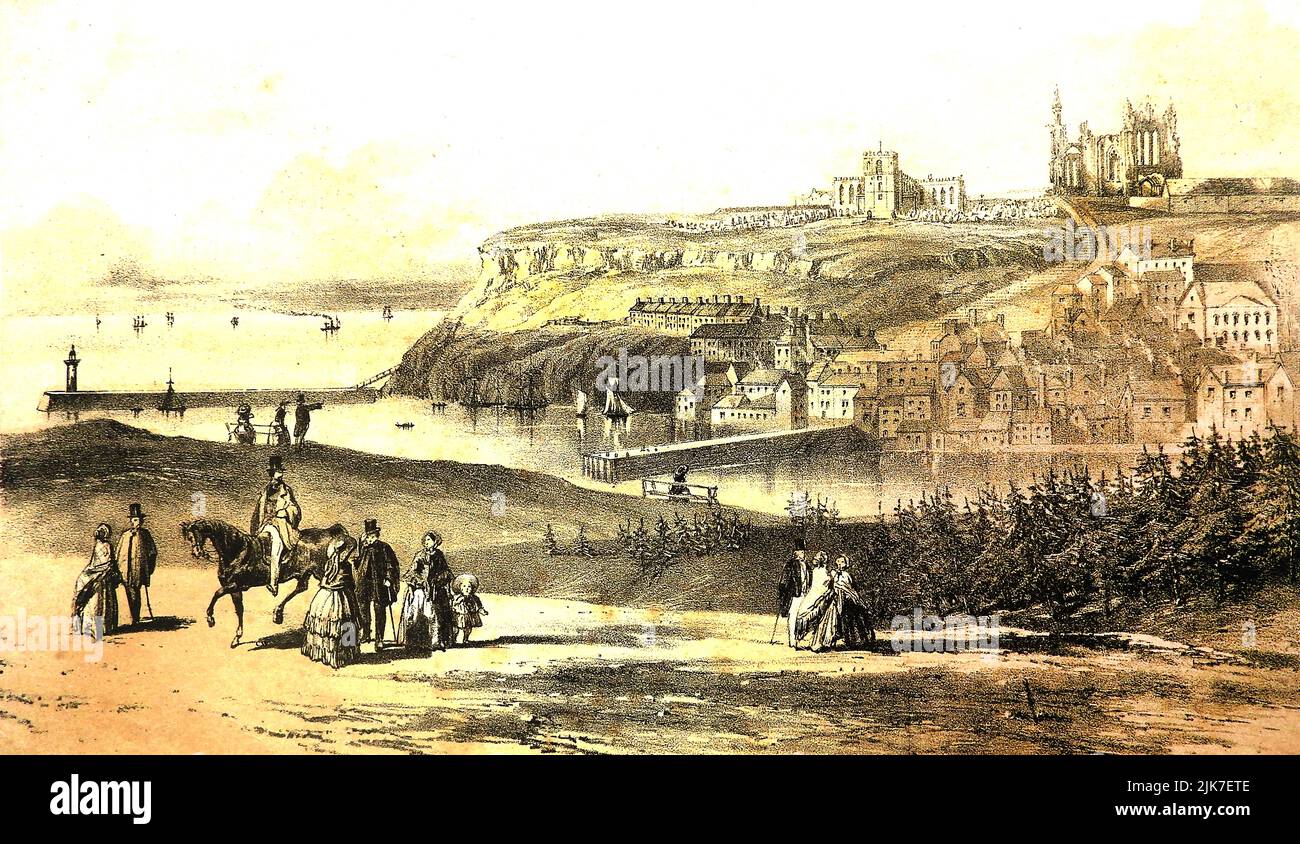 Ein alter Stich von Whitby, North Yorkshire, zeigt die Ostseite der Stadt von der West Cliff, vor dem Schneiden des Khyber Pass Stockfoto