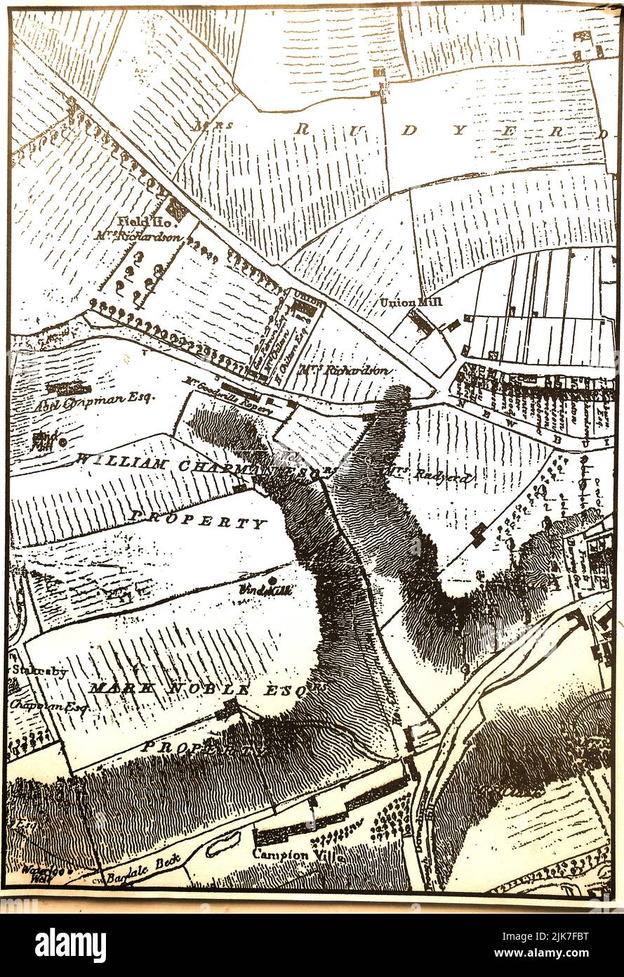 Eine alte Karte mit den Namen von Landbesitzern eines Teils der Stadt Whitby (North Yorkshire), die um Union Mill herum lag, vor dem Bau von Chubb Hill und Crescent Avenue Stockfoto