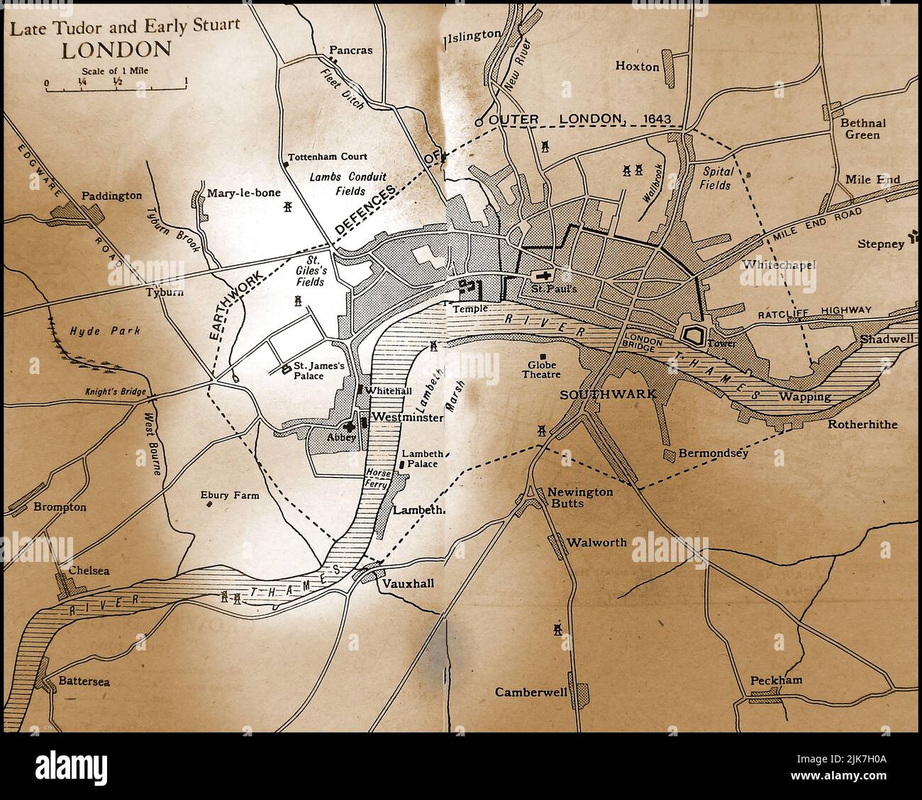 Eine alte Karte, die die City of London in der späten Tudor- und frühen Stuart-Zeit 1500s - Anfang 1700s zeigt Stockfoto