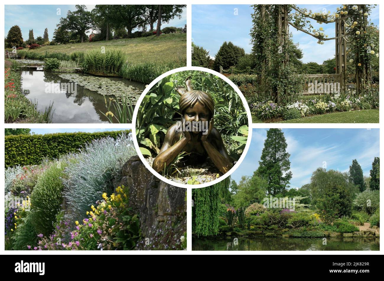 Der schöne Denmans Garden mit trockenen Flussbetten, Schottergärten, einem geschlossenen Garten, einem Wintergarten und ungewöhnlichen Pflanzen. Stockfoto