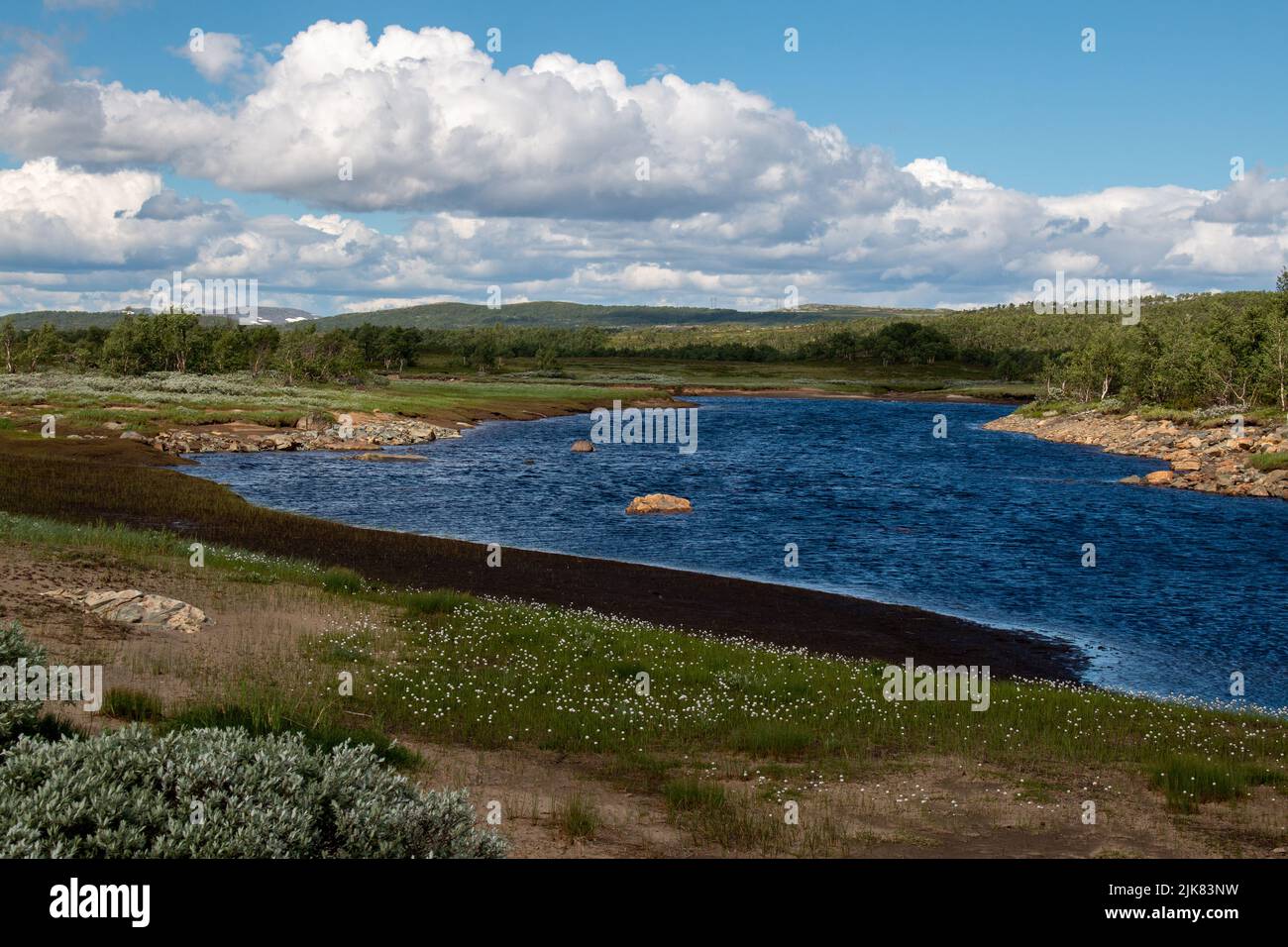 Der Fluss Djuphholm überquert den Wanderweg in Richtung Storerikvollen Bergstation, Tydal, Norwegen Stockfoto