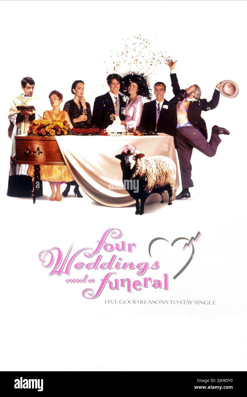 Rowan Atkinson, Charlotte Coleman, Kristin Scott Thomas, Hugh Grant, Andie Macdowell, John Hannah & Simon Callow Movie Poster Film: Four Weddings and A Funeral (Großbritannien 1994) Regie: Mike Newell 20 January 1994 **WARNUNG** Dieses Foto ist nur für den redaktionellen Gebrauch bestimmt und unterliegt dem Copyright für VON der Film- oder Produktionsfirma beauftragte FILME UND/oder den Fotografen und kann nur von Publikationen im Zusammenhang mit der Bewerbung des oben genannten Films reproduziert werden. Eine obligatorische Gutschrift für DIE BEARBEITUNG VON TITELFILMEN ist erforderlich. Der Fotograf sollte auch bei Bekanntwerden des Fotos gutgeschrieben werden. Keine kommerzielle Nutzung c Stockfoto