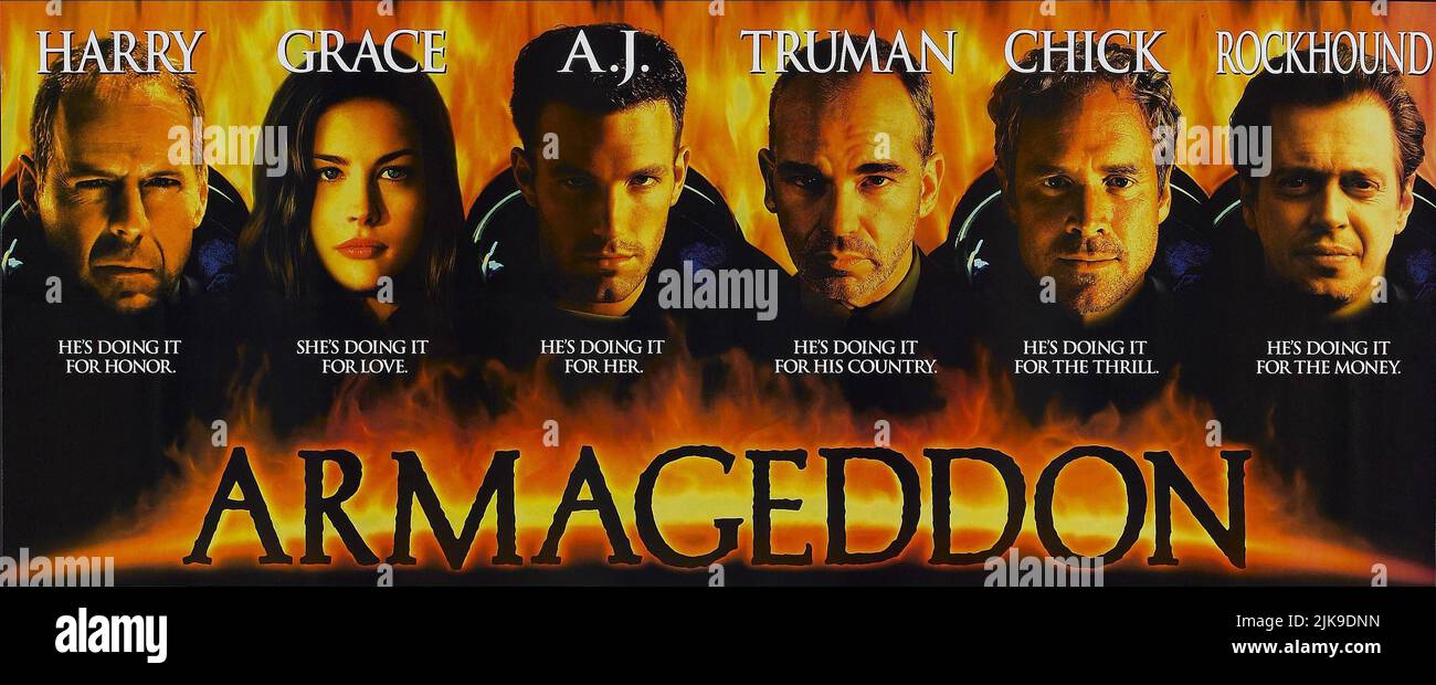 Bruce Willis, Liv Tyler, Ben Affleck, Billy Bob Thornton, Will Patton, Steve Buscemi Film: Armageddon (USA 1998) Charaktere: Harry S. Stamper,Grace Stamper,A.J. Frost, Dan Truman, NASA-Administrator, Charles „Chick“ Chapple, Rockhound Director: Michael Bay 30 June 1998 **WARNUNG** Dieses Foto ist nur für redaktionelle Zwecke bestimmt und unterliegt dem Copyright von TOUCHSTONE und/oder des Fotografen, der von der Film- oder Produktionsfirma beauftragt wurde und darf nur von Publikationen im Zusammenhang mit der Bewerbung des oben genannten Films reproduziert werden. Ein obligatorischer Credit to TOUCHSTONE ist erforderlich. Der Fotograf sollte es auch sein Stockfoto