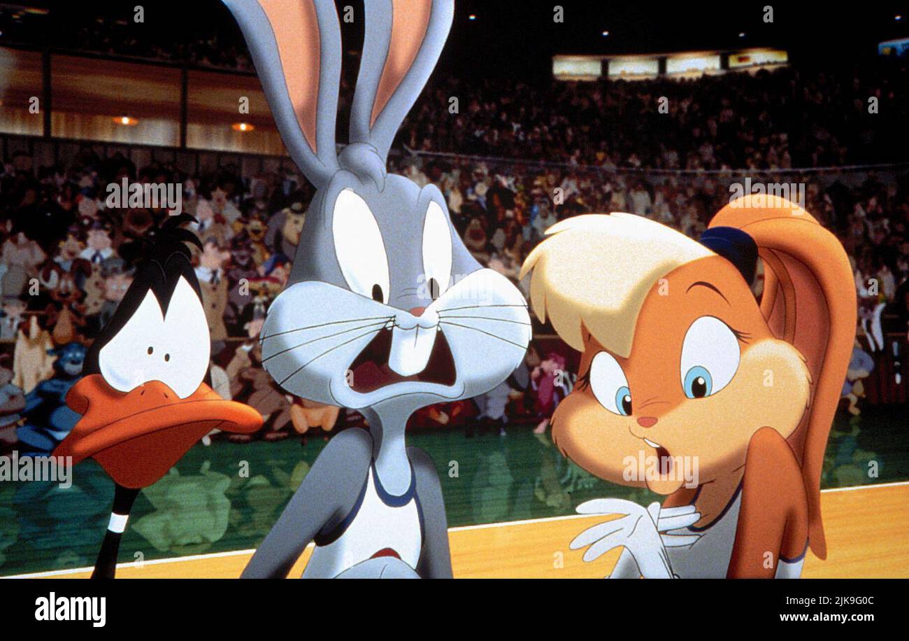 Daffy Duck, Bugs Bunny & Lola Film Space Jam (USA 1996) Charaktere: Daffy Duck, Bugs Bunny & Regisseur: Joe Pytka 10. November 1996 **WARNUNG** dieses Foto ist nur für redaktionelle Zwecke bestimmt und ist urheberrechtlich geschützt von WARNER BROS. Und/oder dem von der Film- oder Produktionsgesellschaft beauftragten Fotografen und dürfen nur durch Veröffentlichungen in Verbindung mit der Werbung für den oben genannten Film reproduziert werden. Eine obligatorische Gutschrift an WARNER BROS. Ist erforderlich. Der Fotograf sollte ebenfalls angerechnet werden, wenn er bekannt ist. Ohne schriftliche Genehmigung der Film Company kann keine kommerzielle Nutzung gewährt werden. Stockfoto