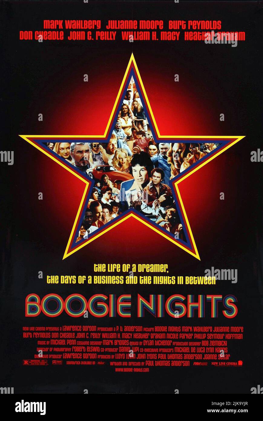 Burt Reynolds, Julianne Moore, Heather Graham, Mark Wahlberg & John C. Reilly Poster Film: Boogie Nights (USA 1997) Regie: Paul Thomas Anderson 11. September 1997 **WARNUNG** Dieses Foto ist nur für redaktionelle Zwecke bestimmt und unterliegt dem Copyright des NEW LINE CINEMA und/oder des Fotografen, der von der Film- oder Produktionsfirma beauftragt wurde und darf nur von Publikationen im Zusammenhang mit der Bewerbung des oben genannten Films reproduziert werden. Eine obligatorische Gutschrift für DAS NEUE LINE CINEMA ist erforderlich. Der Fotograf sollte auch bei Bekanntwerden des Fotos gutgeschrieben werden. Eine kommerzielle Nutzung kann ohne schriftliche Genehmigung des FI nicht gewährt werden Stockfoto
