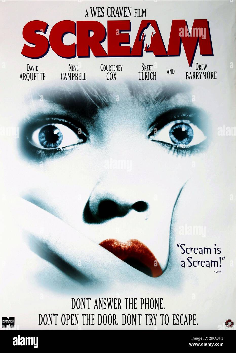 Filmposter Film Scream (USA 1996) Regie: Wes Craven 18. Dezember 1996 **WARNUNG** dieses Foto ist nur für redaktionelle Zwecke bestimmt und unterliegt dem Urheberrecht von DIMENSION Films und/oder dem von der Film- oder Produktionsgesellschaft beauftragten Fotografen und darf nur durch Veröffentlichungen in Verbindung mit der Werbung für den oben genannten Film reproduziert werden. Für die ABMESSUNG VON Filmen ist eine obligatorische Gutschrift erforderlich. Der Fotograf sollte ebenfalls angerechnet werden, wenn er bekannt ist. Ohne schriftliche Genehmigung der Film Company kann keine kommerzielle Nutzung gewährt werden. Stockfoto