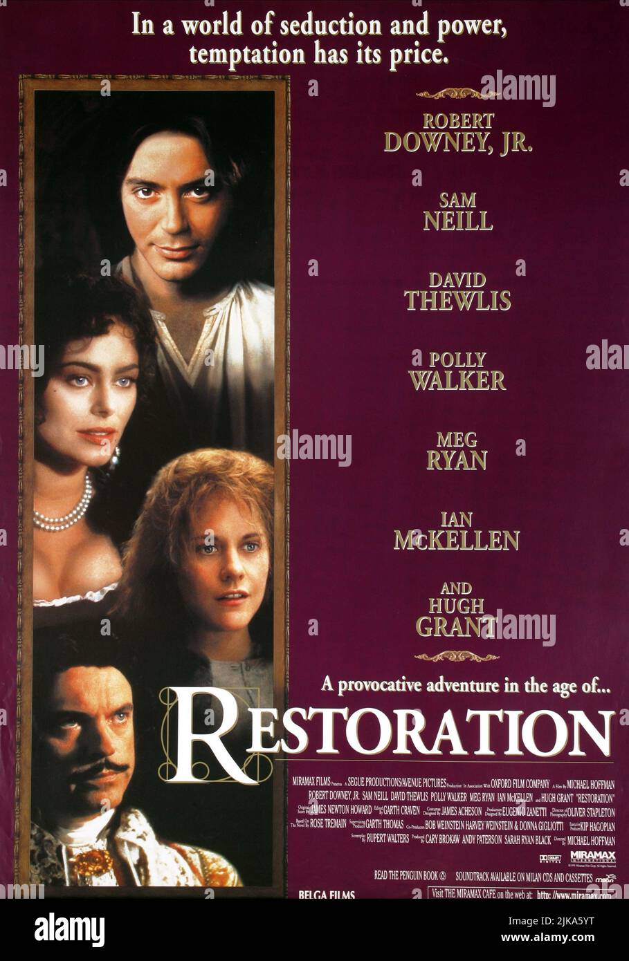 Robert Downey Jr, Polly Walker, Meg Ryan & Sam Neill Poster Film: Restoration (1995) Charaktere: , Celia Clemence, Katharine, King Charles II Regie: Michael Hoffman 29. Dezember 1995 **WARNUNG** Dieses Foto ist nur für redaktionelle Zwecke bestimmt und unterliegt dem Copyright von OXFORD FILM und/oder dem von der Film- oder Produktionsfirma beauftragten Fotografen.Es kann nur von Publikationen im Zusammenhang mit der Bewerbung des oben genannten Films reproduziert werden. Eine obligatorische Gutschrift für OXFORD-FILM ist erforderlich. Der Fotograf sollte auch bei Bekanntwerden des Fotos gutgeschrieben werden. Ohne schriftliche Genehmigung kann keine kommerzielle Nutzung gewährt werden Stockfoto