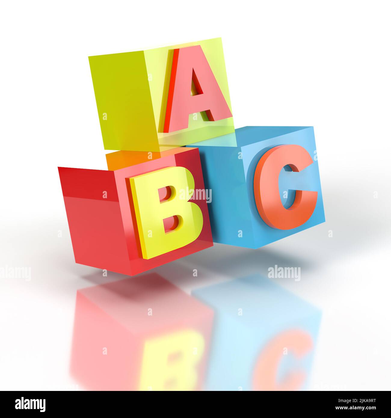 Bunte ABC-Blöcke 3D werden auf weißem Hintergrund gerendert. Stockfoto