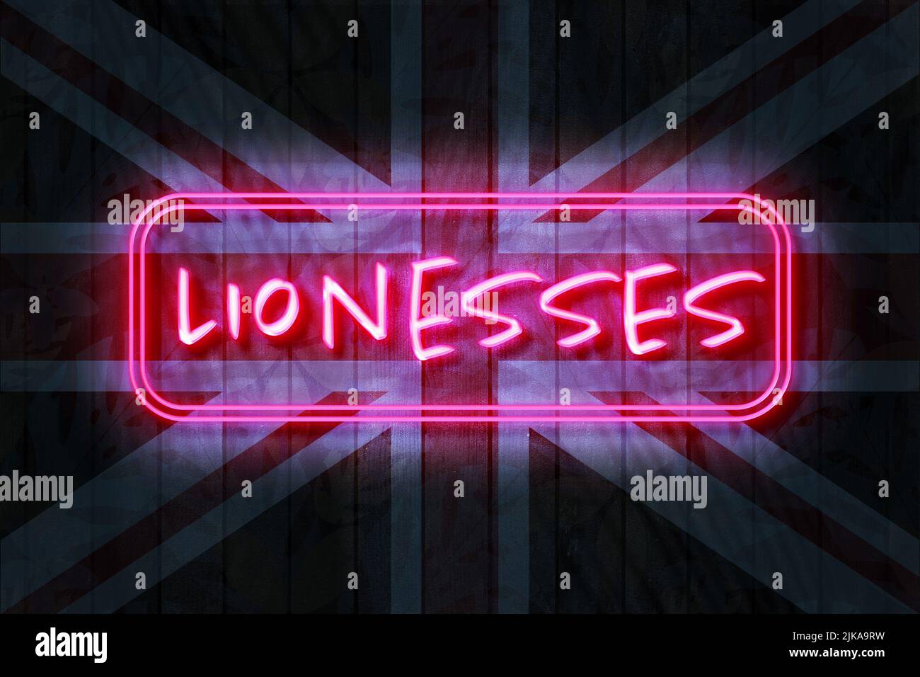 Lionesses seine Coming Home 3D Illustration auf einem Union Jack Hintergrund. Stockfoto