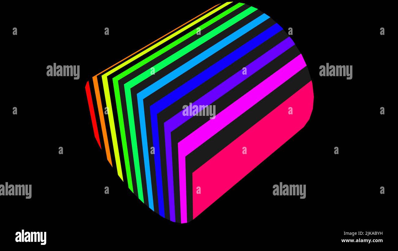 3D Renderings. Rundes Prisma mit mehreren Farben. Geometrischer, farbenfroher Körper auf schwarzem Hintergrund. Bunte Textur auf einem kreisförmigen Prisma. Vertikal und hor Stockfoto