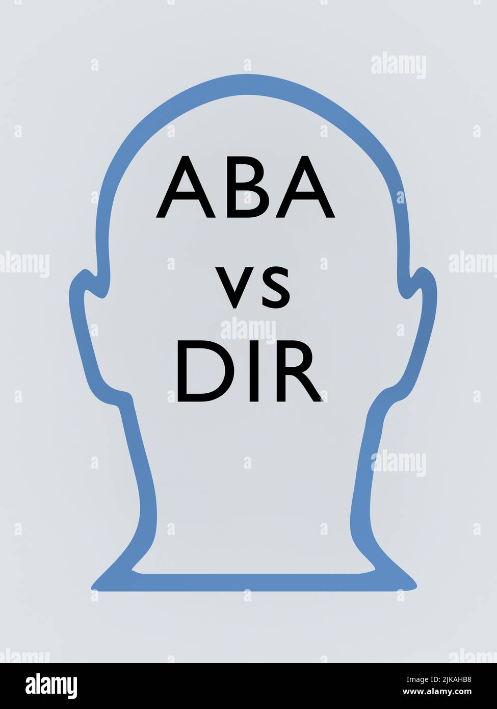 3D Darstellung der Dartscheibe in einer Kopfsilhouette, mit Text ABA vs dir. Stockfoto