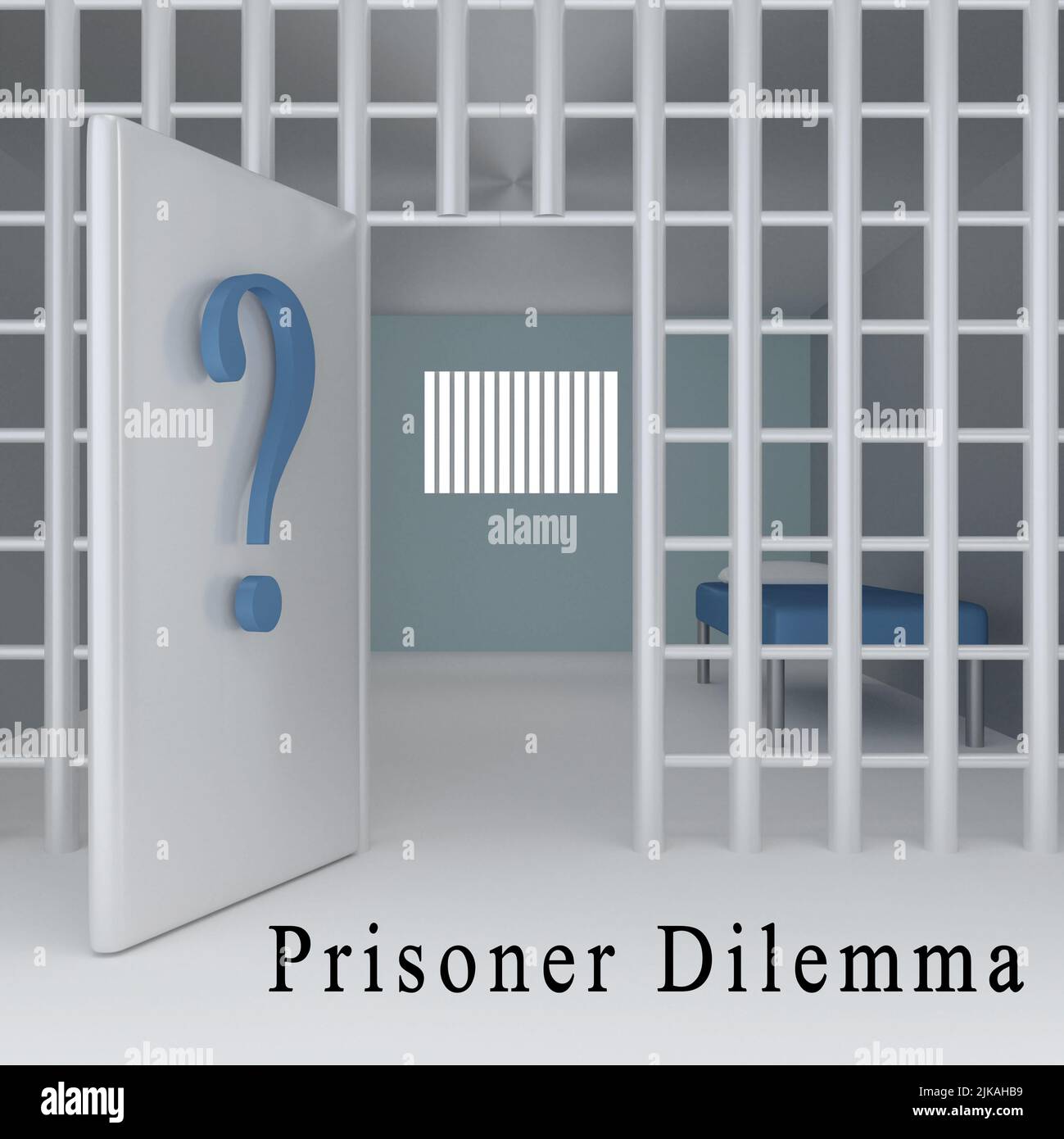 3D Illustration eines großen Fragezeichens an einer offenen Tür einer Gefängniszelle, zusammen mit dem Skript Gefangener Dilemma. Stockfoto
