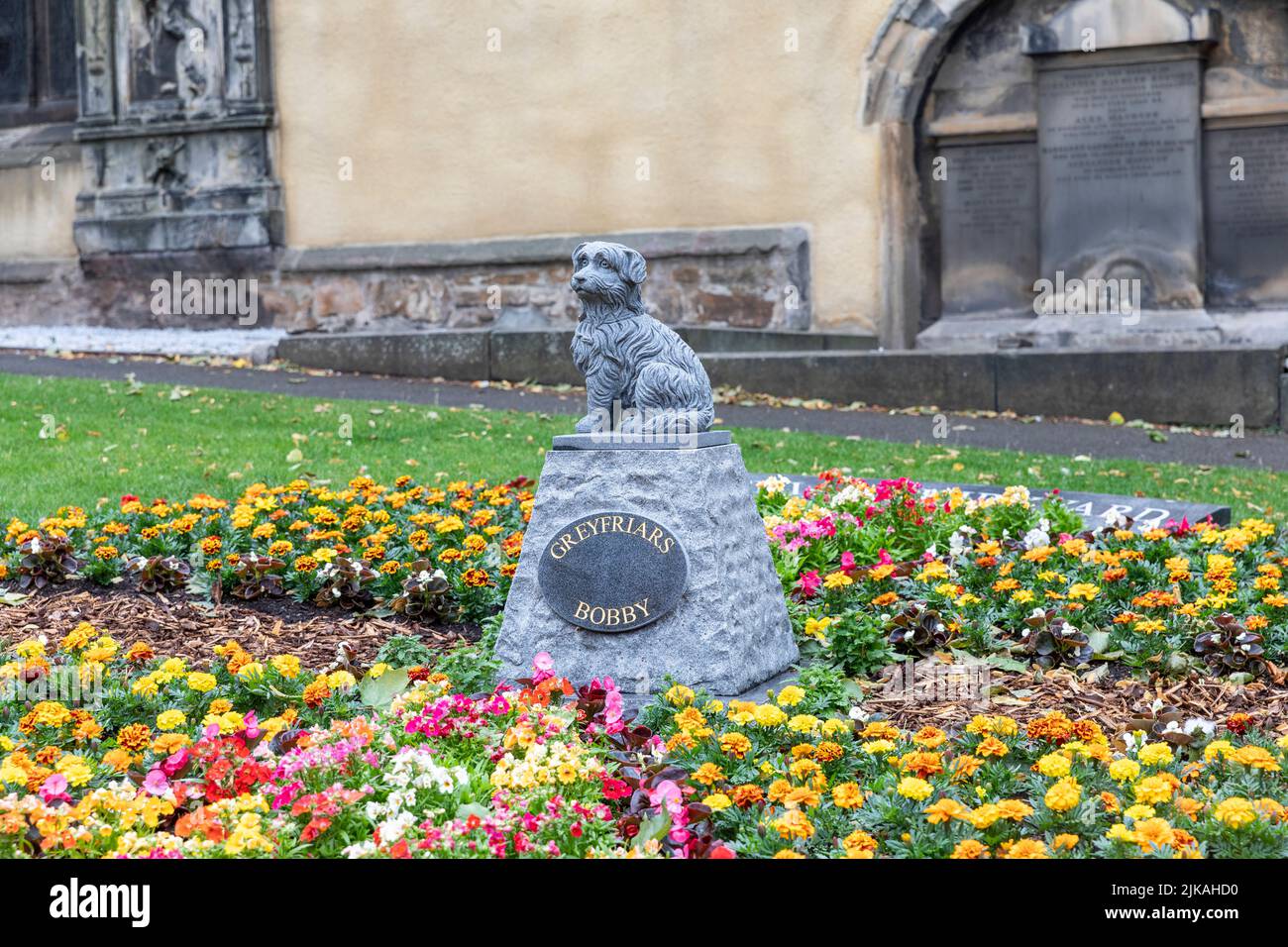 Greyfriars Bobby Statue im Greyfriars kirkyard, blühende Sommerblumen, Edinburgh City Centre, Schottland, UK Summer 2022 Stockfoto