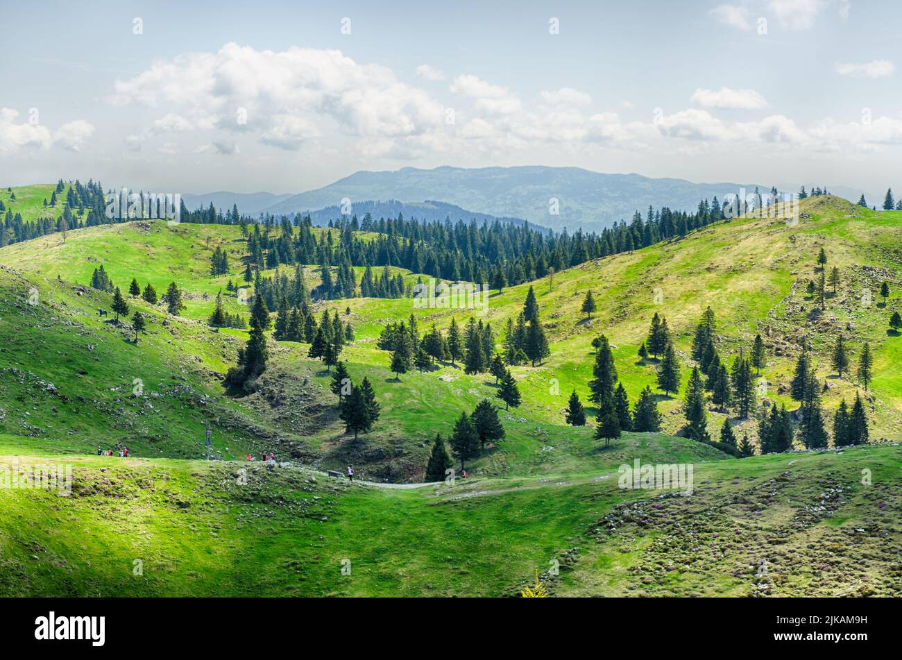 Großes Weideplateau in den Kamnikalpen, Slowenien. Berghütte oder Haus auf grünem Hügel. Alpine Wiesenlandschaft. Ökologischer Landbau. Stockfoto