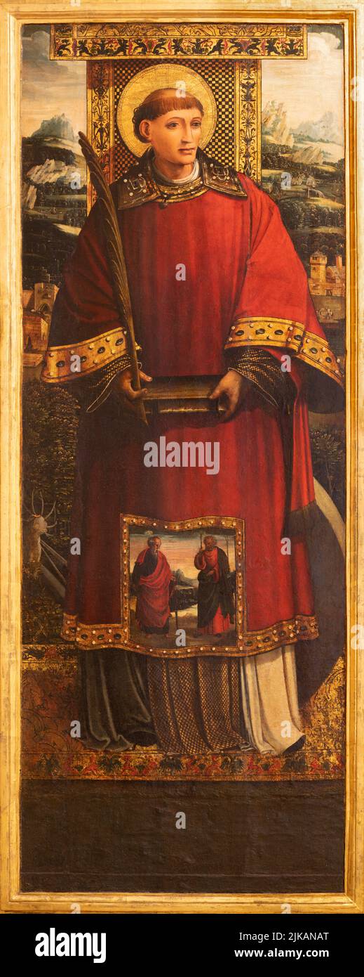 VALENCIA, SPANIEN - 14. FEBRUAR 2022: Das Renaissance-Gemälde des heiligen Vicente Märtyrers in der Kathedrale von Maestro de Alzira aus dem Jahr 16. Stockfoto