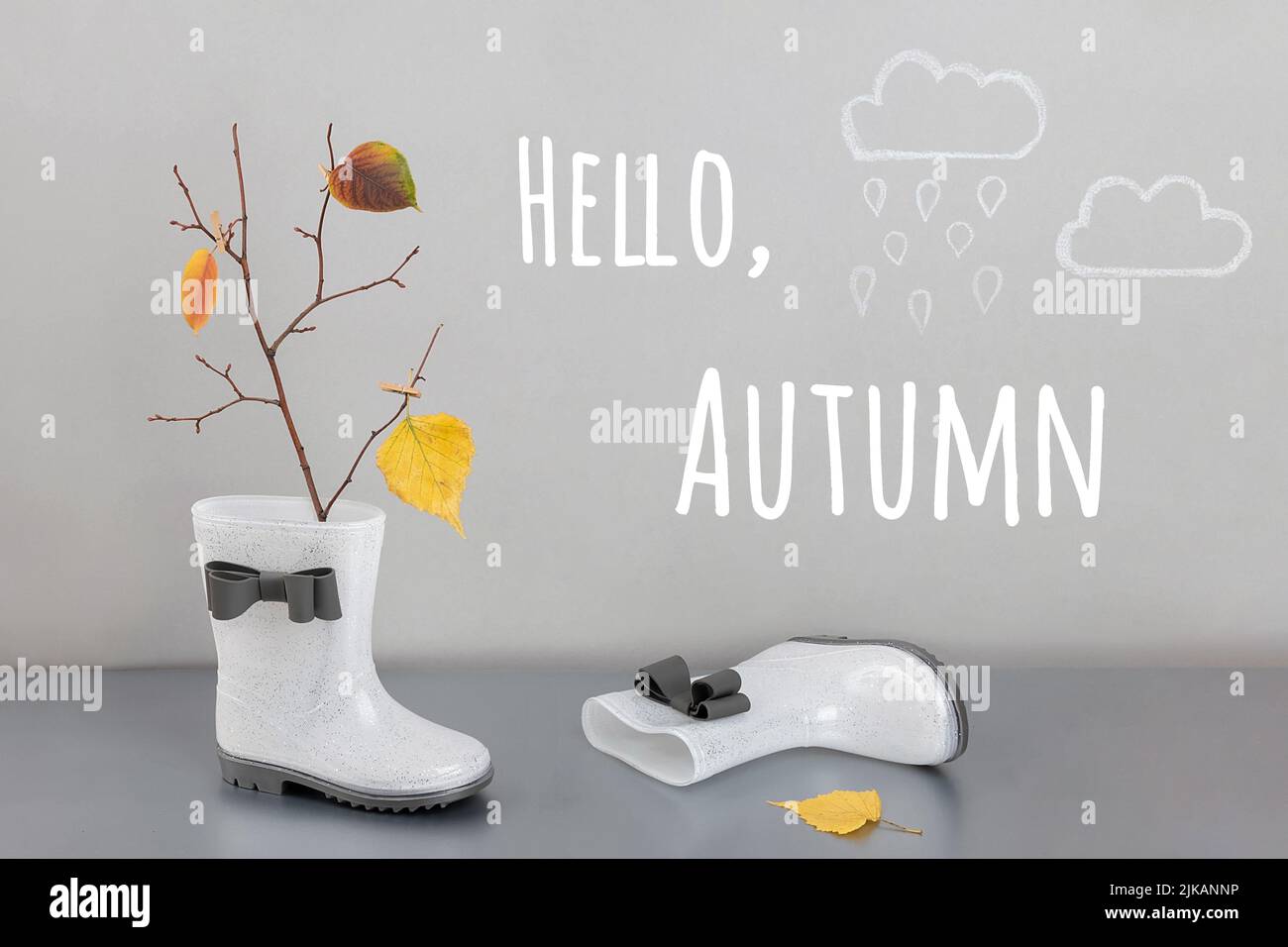 Hallo, Herbst. Kreative Grußkarte für den Herbst. Weiße glänzende Gummi-Regenstiefel mit Baumzweig und gelben Blättern, lackierte Regenwolken auf grauem Hintergrund Stockfoto