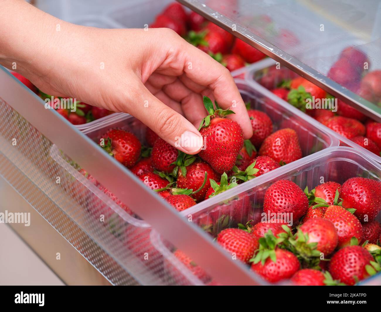 Eine Frau, die eine rote Bio-Erdbeere aus einem Behälter in einem Kühlschrank nimmt Stockfoto