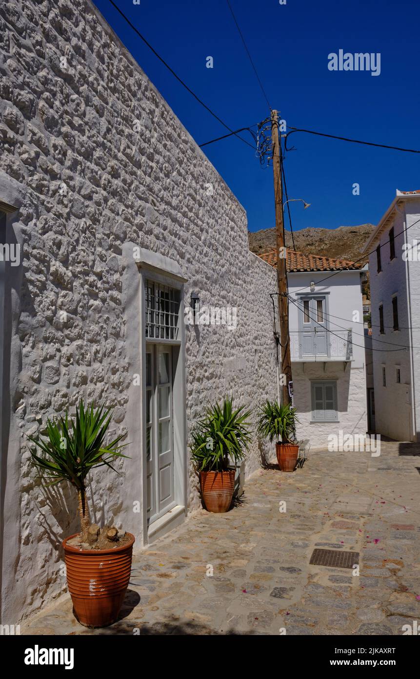 Backstreets auf der Insel Hydra in Griechenland im Sommer Stockfoto