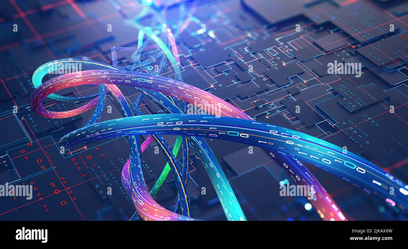 Informationsfluss des digitalen Codes. Aktuelle Daten und Computerschema. High-Speed-Internetzugang über Kabel. Abbildung Nanotechnologie 3D Stockfoto