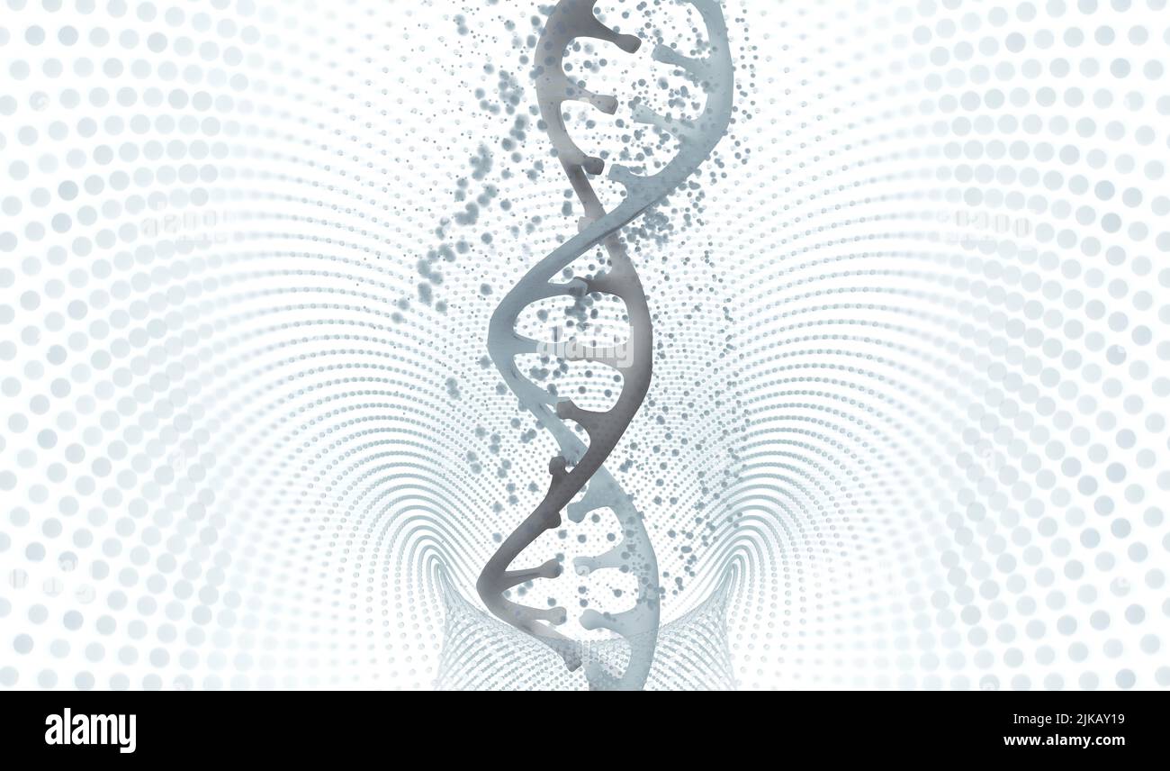 DNA-Genomforschung. Laborexperimente in der Gentechnik. DNA-Helix-Code-Dekodierung. 3D Illustration der medizinischen Hightech-Innovation Stockfoto