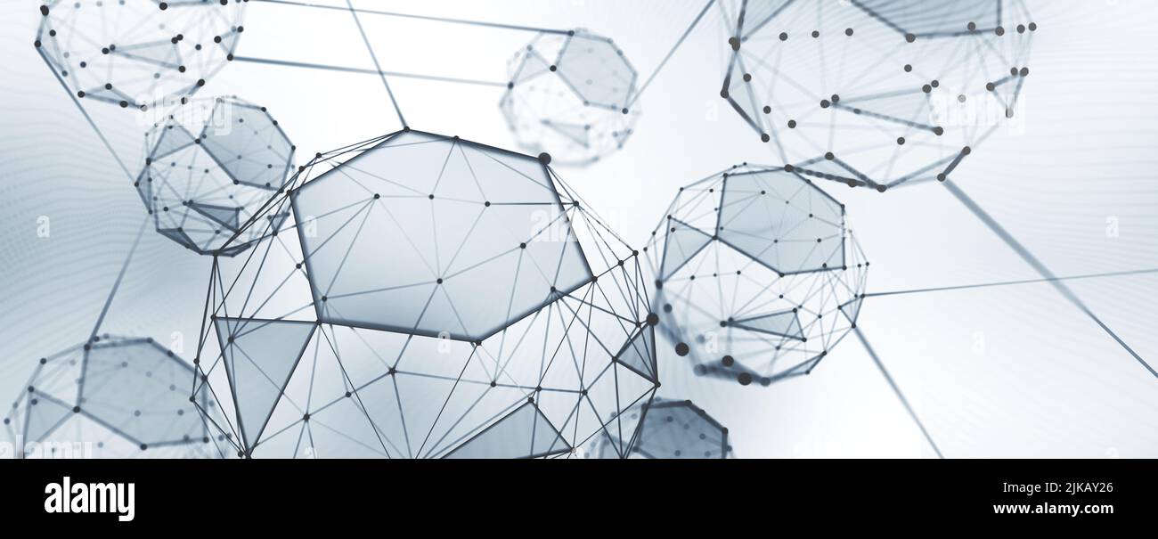 Polygonale Struktur der sozialen Bindungen. 3D Illustration eines High-Tech-Informationssystems. Innen schwarzes und weißes Poster Stockfoto