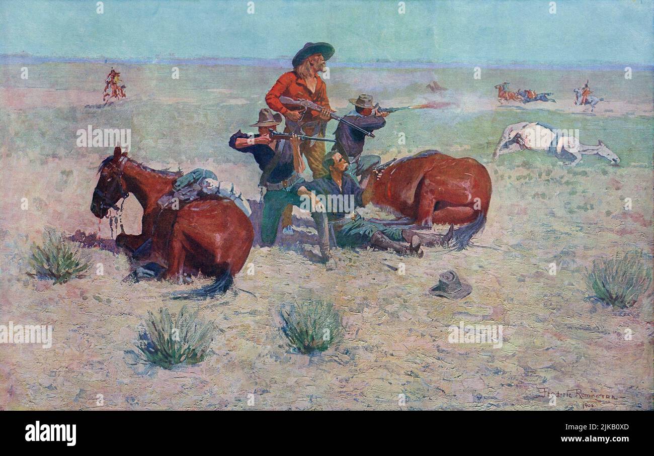 Gefangen im Kreis. Indianer umkreisen Cowboys. Nach einem Werk des amerikanischen Künstlers Frederic Sackrider Remington, 1861 – 1909. Stockfoto