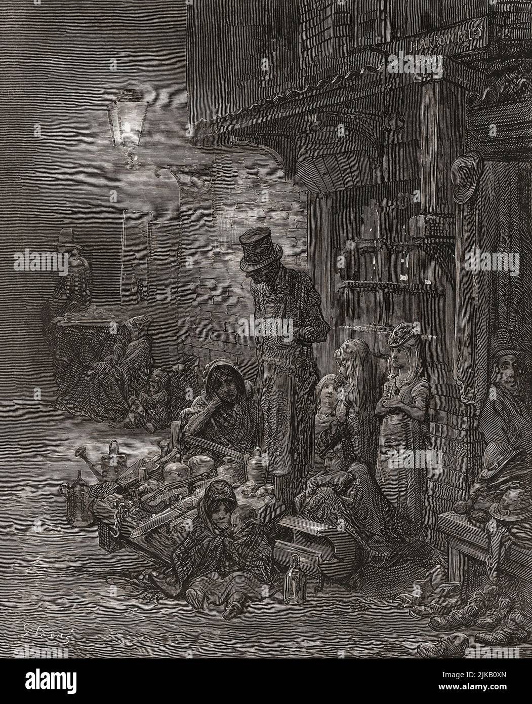 Untitled Work zeigt die arme Londoner Familie, die im 19.. Jahrhundert Waren auf der Straße verkaufte. Nach einer Illustration von Gustave Doré in der englischen Ausgabe von London: A Pilgrimage von 1873, geschrieben von Blanchard Jerrold und illustriert von Gustave Doré. Stockfoto