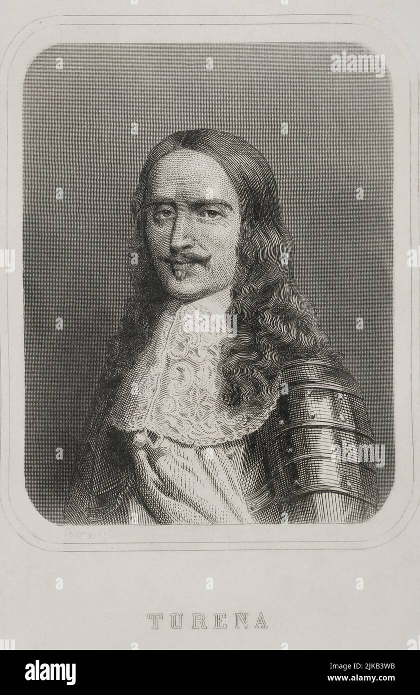 Henri de la Tour d'Auvergne-Bouillon (1611-1675). Französischer Adliger und Militär. 1643 zum Marschall von Frankreich und 1660 zum Generalmarschall der Lager und Armeen des Königs ernannt. Hochformat. Gravur von Geoffroy. „Historia Universal“, von César Cantú. Band VIII. 1858. Autor: Charles Geoffroy (1819-1882). Französischer Gravierer. Stockfoto