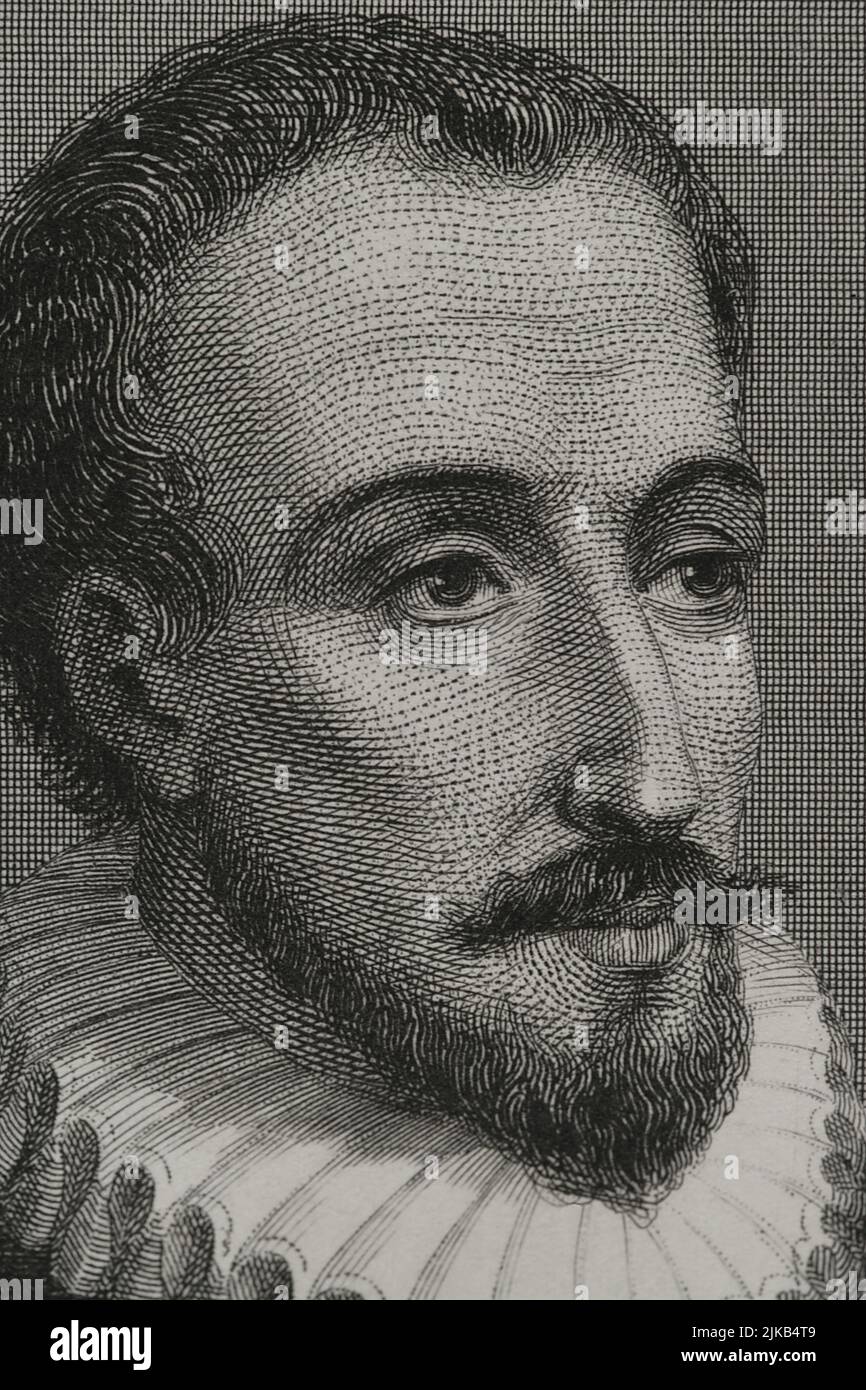 Miguel de Cervantes (1547-1616). Spanischer Schriftsteller. Autor von Don Quixote. Hochformat. Gravur von Geoffroy. Details. „Historia Universal“, von César Cantú. Lautstärke V. 1856. Autor: Charles Geoffroy (1819-1882). Französischer Gravierer. Stockfoto