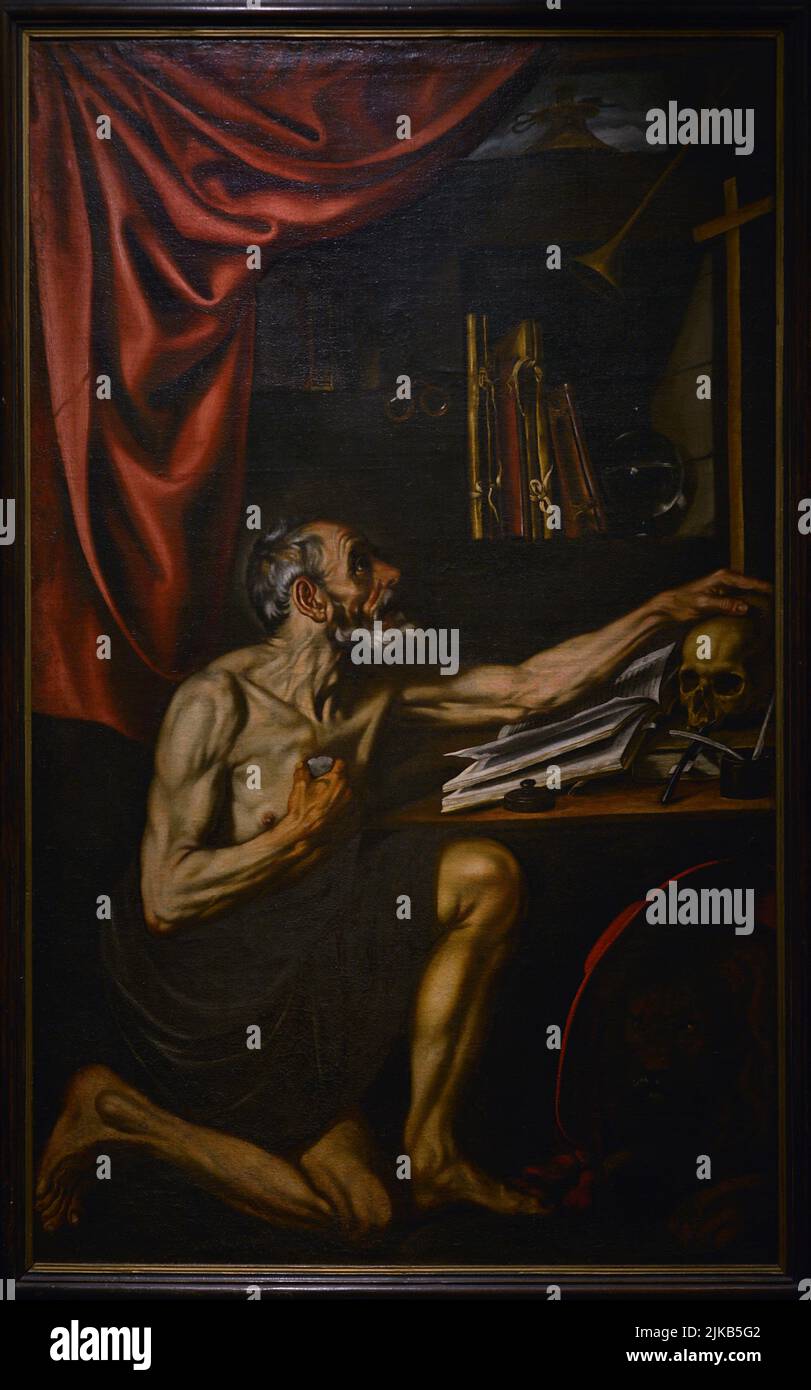 Luis Tristán (1580-1624). Spanischer Maler. Der heilige Hieronymus tut Buße in seinem Studium. Öl auf Leinwand, ca. 1618-1622. El Greco Museum. Toledo, Spanien. Stockfoto