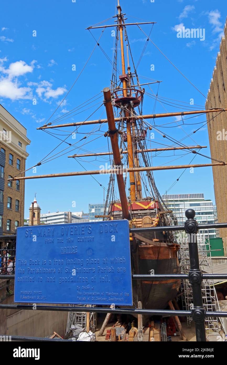 Segelschiff Golden Hind (1973), in St Mary Overies Dock, Cathedral Street, Southwark, London, England, GB,SE1 9DE - kostenlose Landung Stockfoto