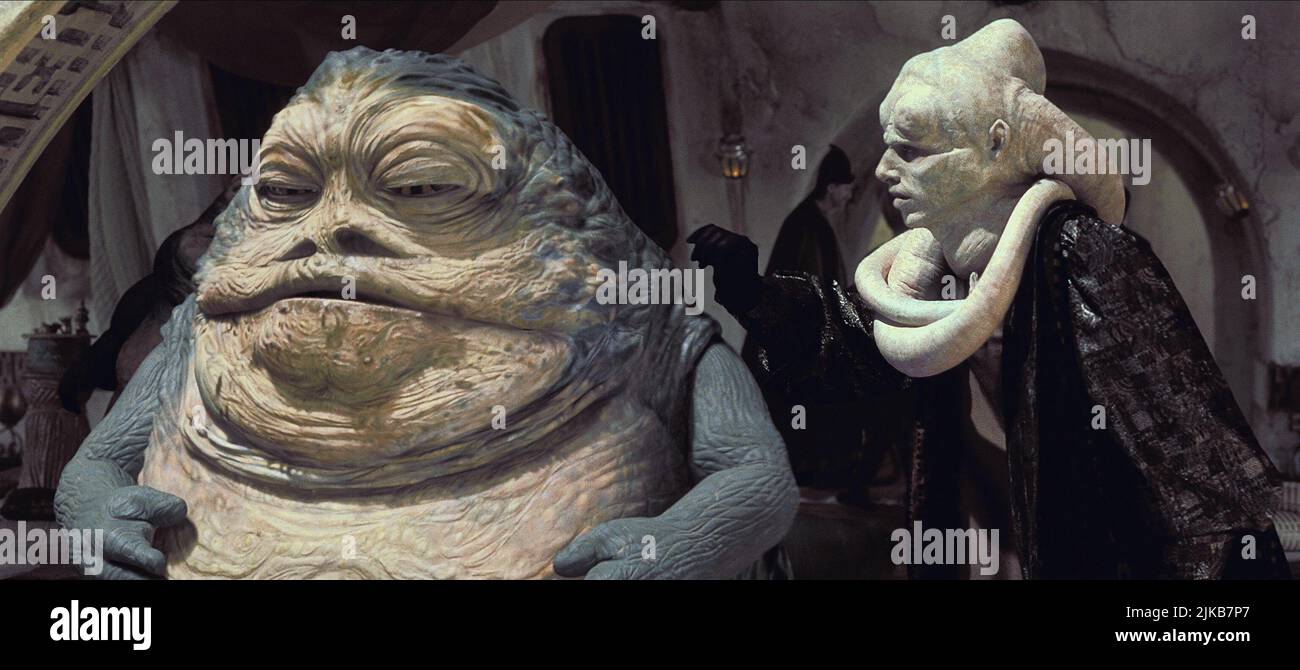 Jabba the Hutt & Bib Fortuna Film: Star Wars: Episode I - The Phantom Menace (USA 1999) Regie: George Lucas 19 May 1999 **WARNUNG** Dieses Foto ist nur für redaktionelle Zwecke bestimmt und unterliegt dem Copyright von LUCASFILM und/oder dem Fotografen, der von der Film- oder Produktionsfirma beauftragt wurde und darf nur von Publikationen im Zusammenhang mit der Bewerbung des oben genannten Films reproduziert werden. Eine obligatorische Gutschrift an LUCASFILM ist erforderlich. Der Fotograf sollte auch bei Bekanntwerden des Fotos gutgeschrieben werden. Ohne schriftliche Genehmigung der Film Company kann keine kommerzielle Nutzung gewährt werden. Stockfoto