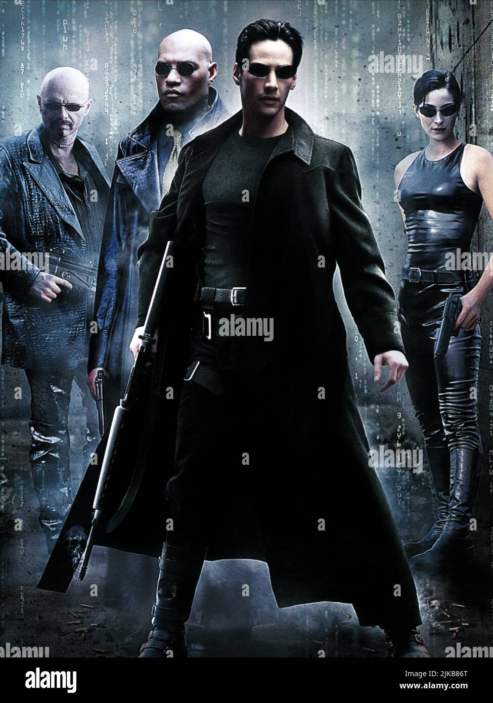 Laurence Fishburne, Keanu Reeves & Carrie-Anne Moss Film: The Matrix (USA/AUS 1999) Charaktere: Morpheus,Neo & Trinity Regie: The Wachowski Brothers 31 March 1999 **WARNUNG** Dieses Foto ist nur für redaktionelle Zwecke bestimmt und unterliegt dem Copyright von WARNER BROS. Und/oder des Fotografen, der von der Film- oder Produktionsfirma beauftragt wurde und nur durch Publikationen im Zusammenhang mit der Bewerbung des oben genannten Films reproduziert werden kann. Eine obligatorische Gutschrift an WARNER BROS. Ist erforderlich. Der Fotograf sollte auch bei Bekanntwerden des Fotos gutgeschrieben werden. Ohne schriftliche Genehmigung der Film Com kann keine kommerzielle Nutzung gewährt werden Stockfoto