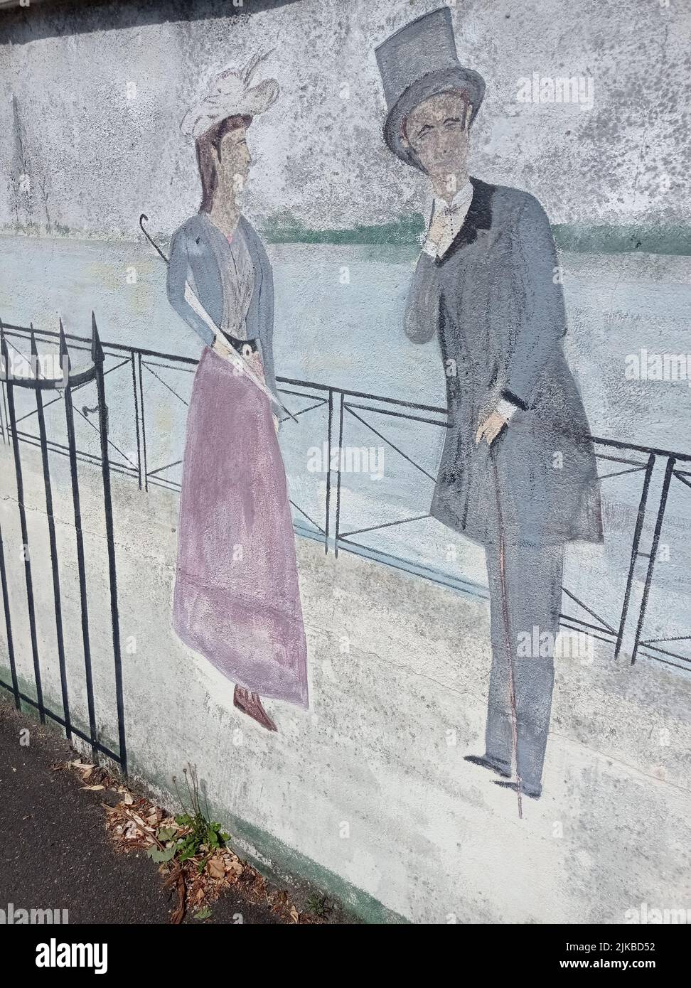 Portrait d'un homme et d'une femme sur un pont. Frankreich. Dessin-Wandbild. Stockfoto