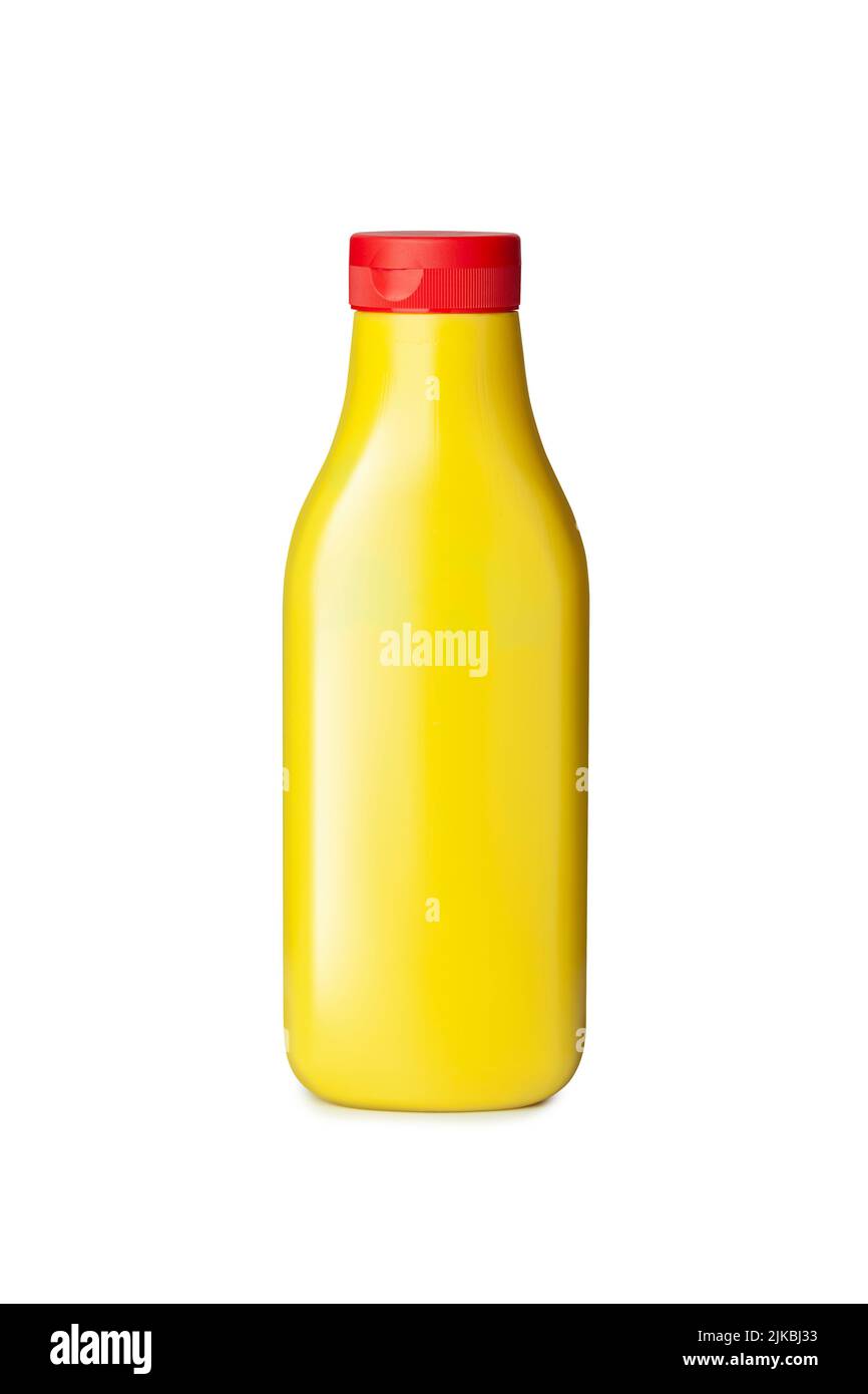 Gelbe Plastiksenfflasche mit Kopierraum isoliert auf weißem Hintergrund. Mit Beschneidungspfad Stockfoto