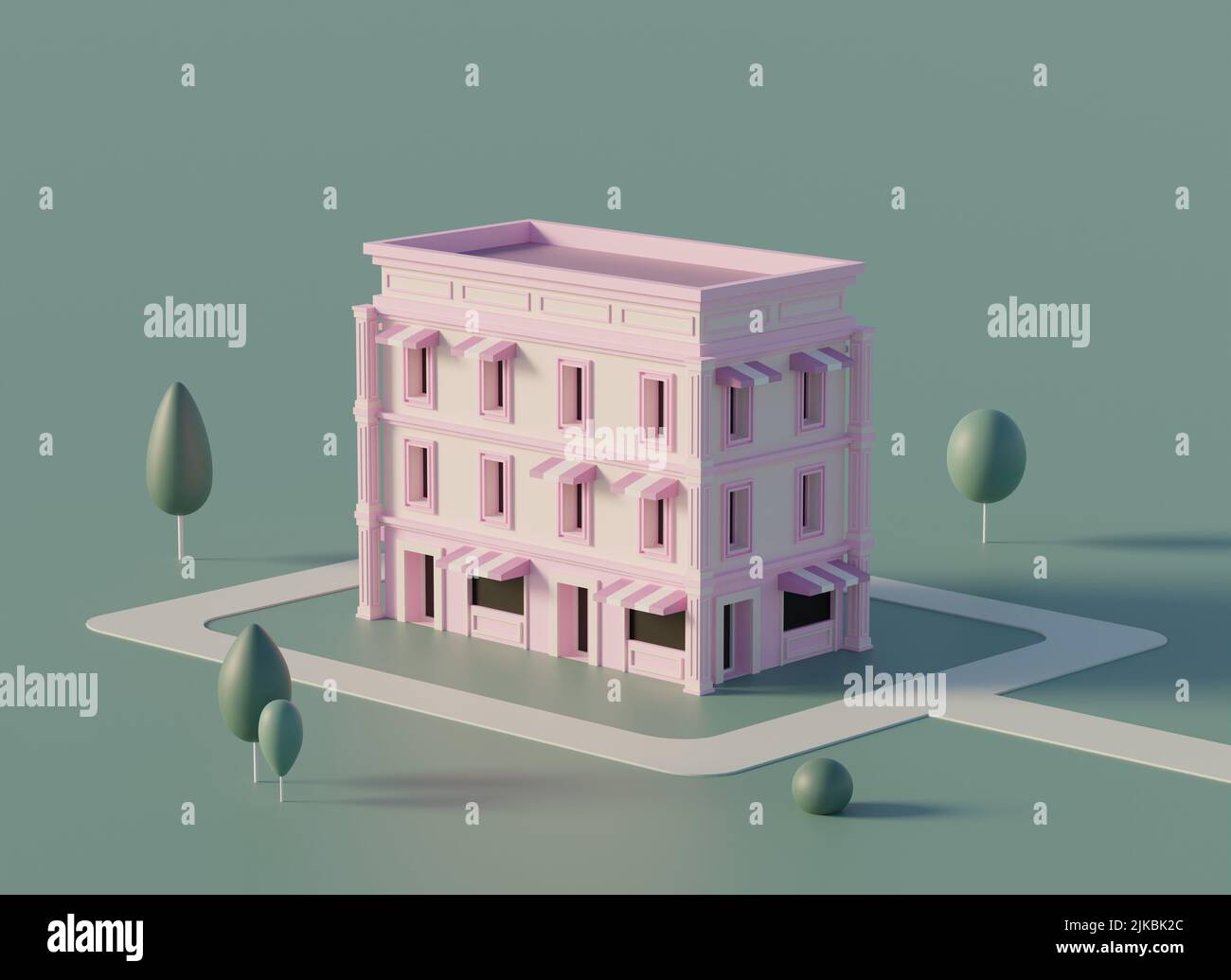 Minimalistisches, pinkfarbenes, modernes Gebäude mit römischer Säule und gestreifter Markise zwischen Straße und Bäumen, 3D als Illustration Stockfoto