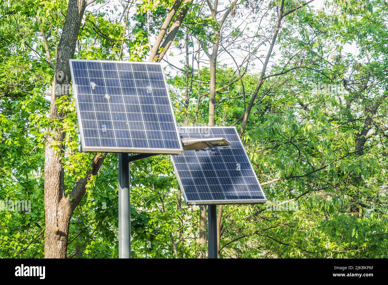 Auf der Promenade im Stadtpark in Kamenica, in der Nähe der Stadt Novi Sad, Serbien, wurden Sonnenkollektoren des alternativen Energiesystems installiert. Stockfoto