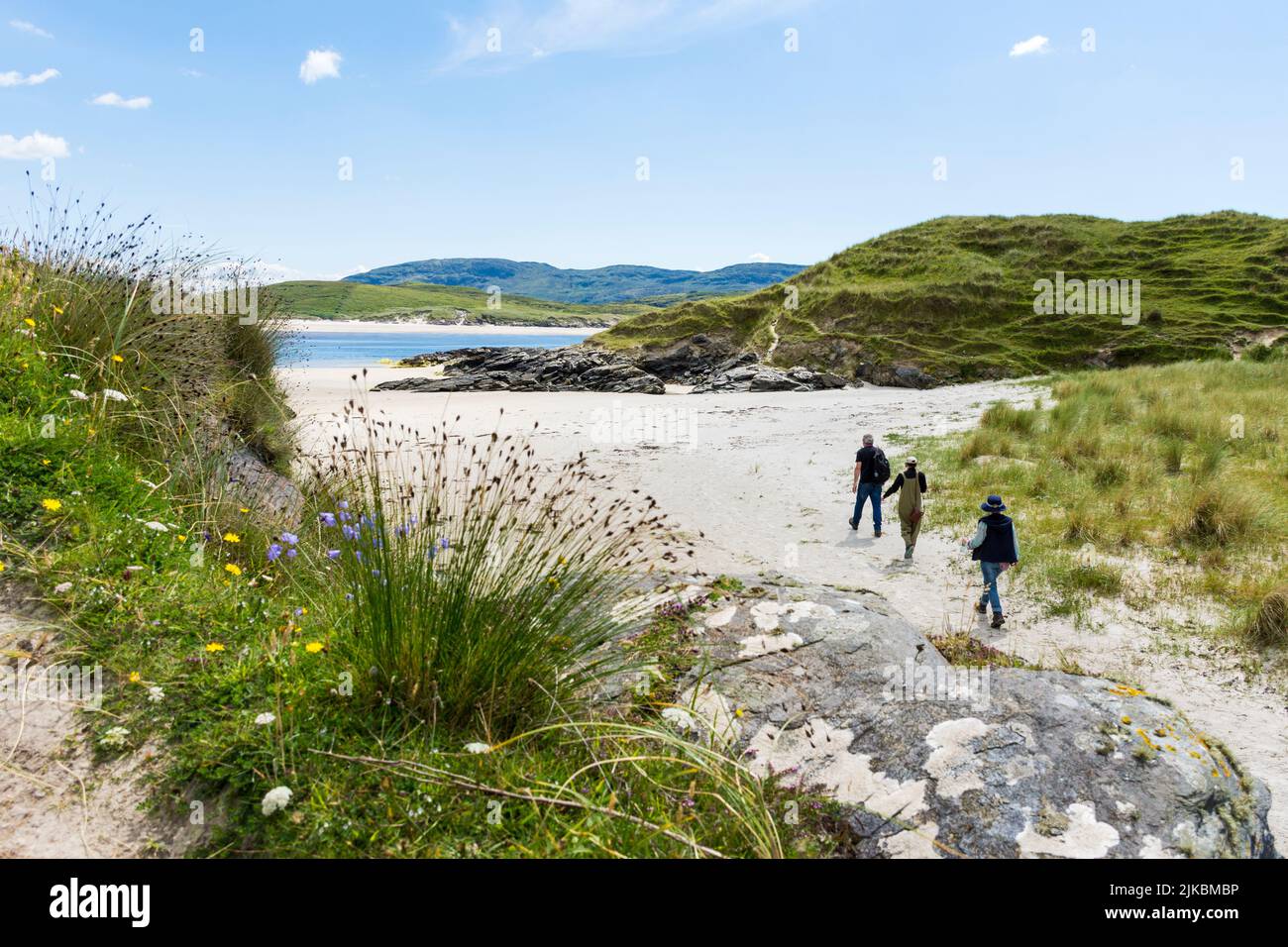 Spaziergänger am Ballinreavy Strand neben dem Sheskinmore Nature Reserve. Sheskinmore bezieht sich auf eine große Fläche von Sanddünen, See und Sumpf, die zwischen Ki liegt Stockfoto